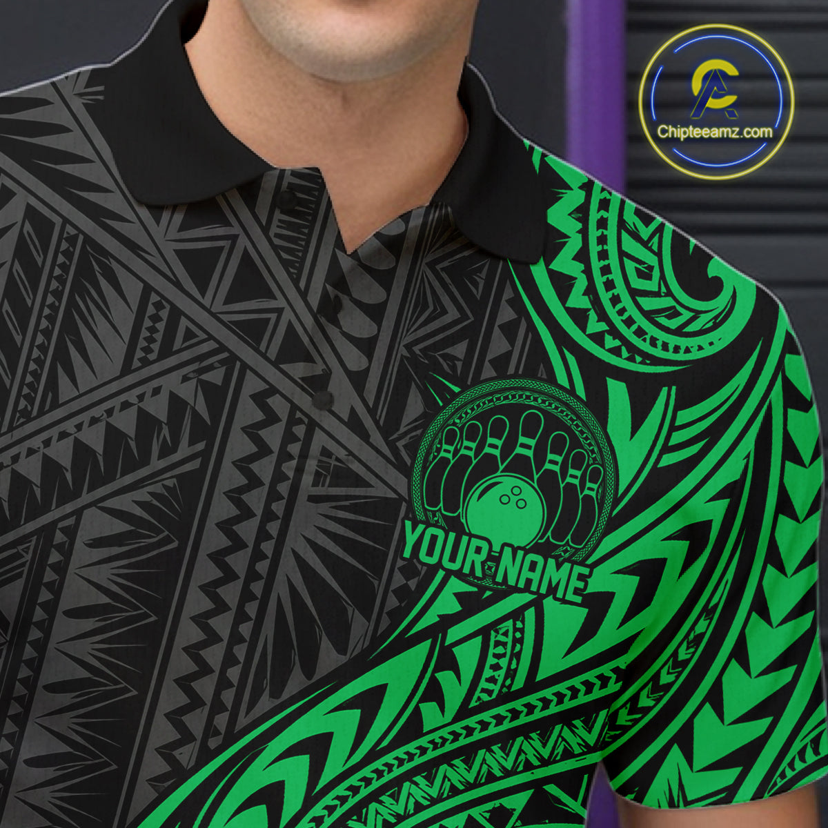 Custom Black And Green Tribal Bowling Polo Shirt, Bowling Team League Shirt