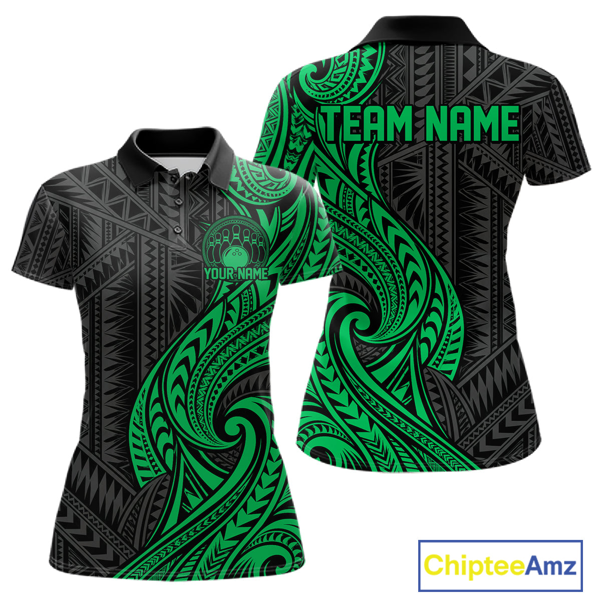 Custom Black And Green Tribal Bowling Polo Shirt, Bowling Team League Shirt