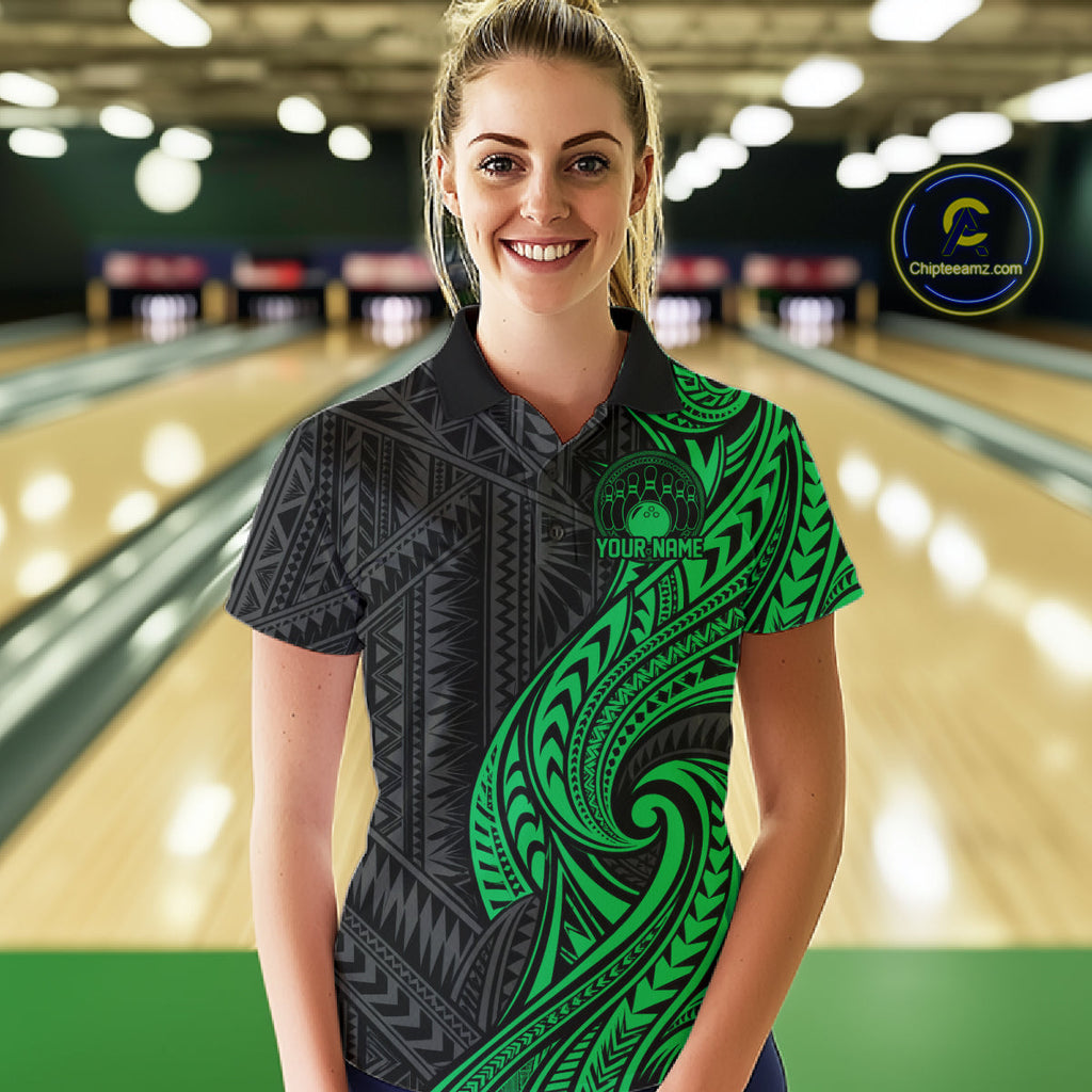 Custom Black And Green Tribal Bowling Polo Shirt, Bowling Team League Shirt