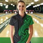 Custom Black And Green Tribal Bowling Polo Shirt, Bowling Team League Shirt