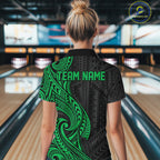Custom Black And Green Tribal Bowling Polo Shirt, Bowling Team League Shirt
