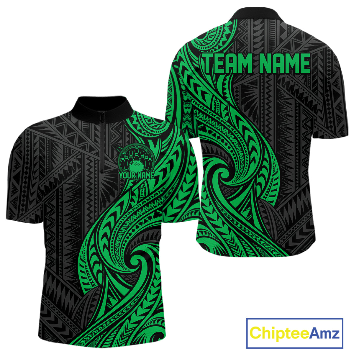 Custom Black And Green Tribal Bowling Quarter Zip Shirt, Bowling Team League Shirt