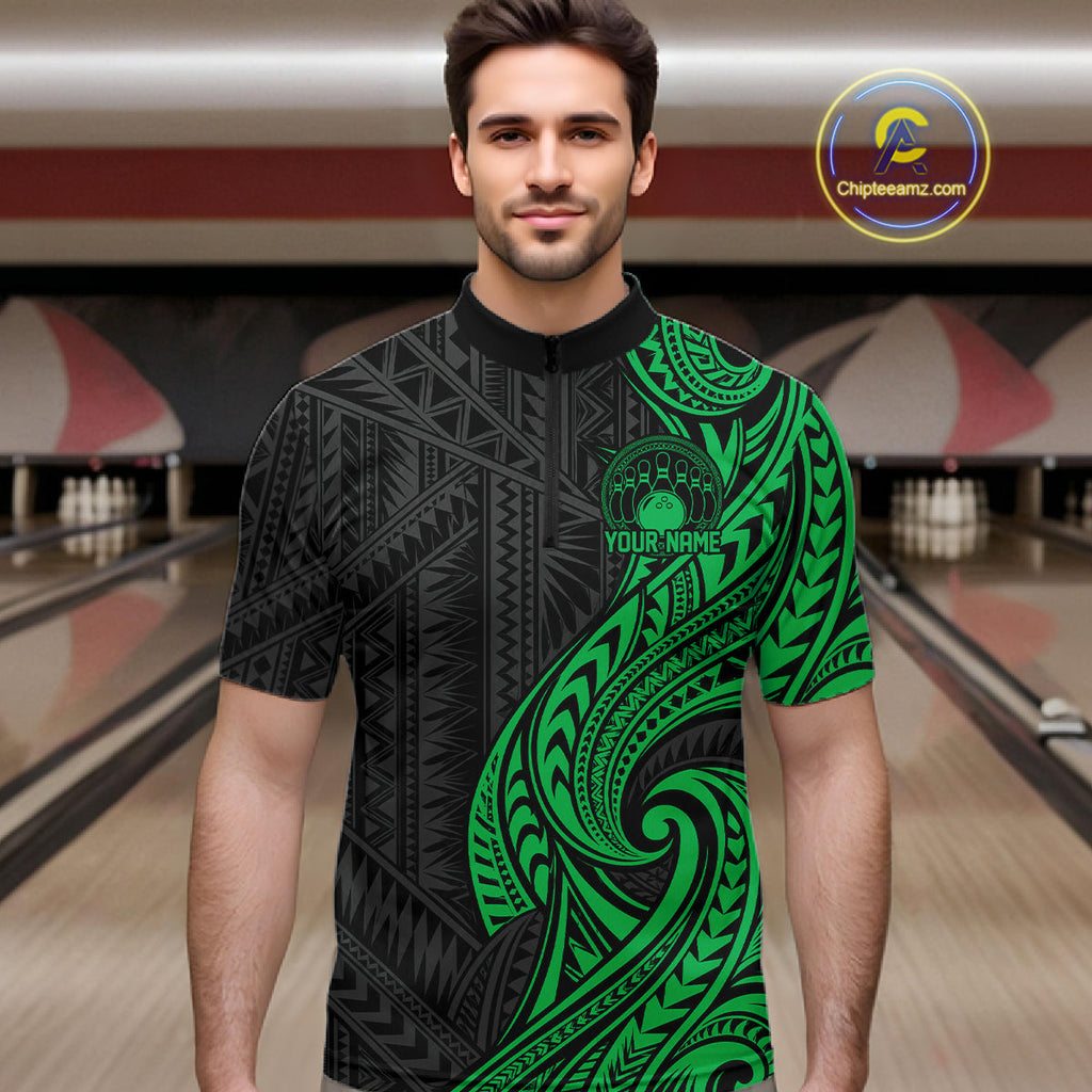 Custom Black And Green Tribal Bowling Quarter Zip Shirt, Bowling Team League Shirt