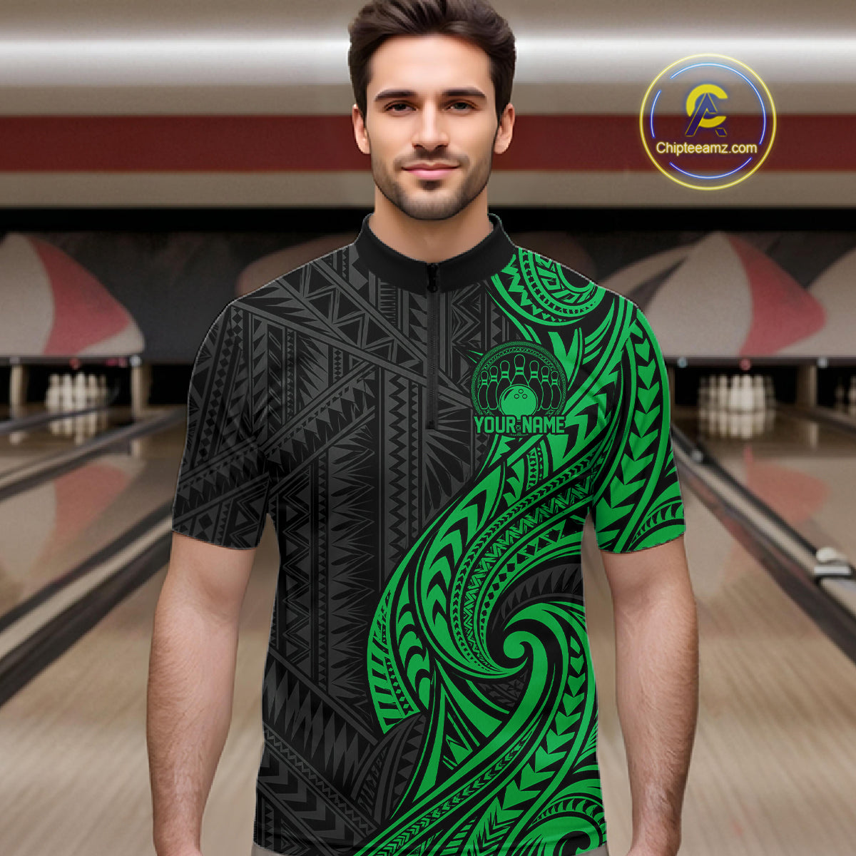 Custom Black And Green Tribal Bowling Quarter Zip Shirt, Bowling Team League Shirt