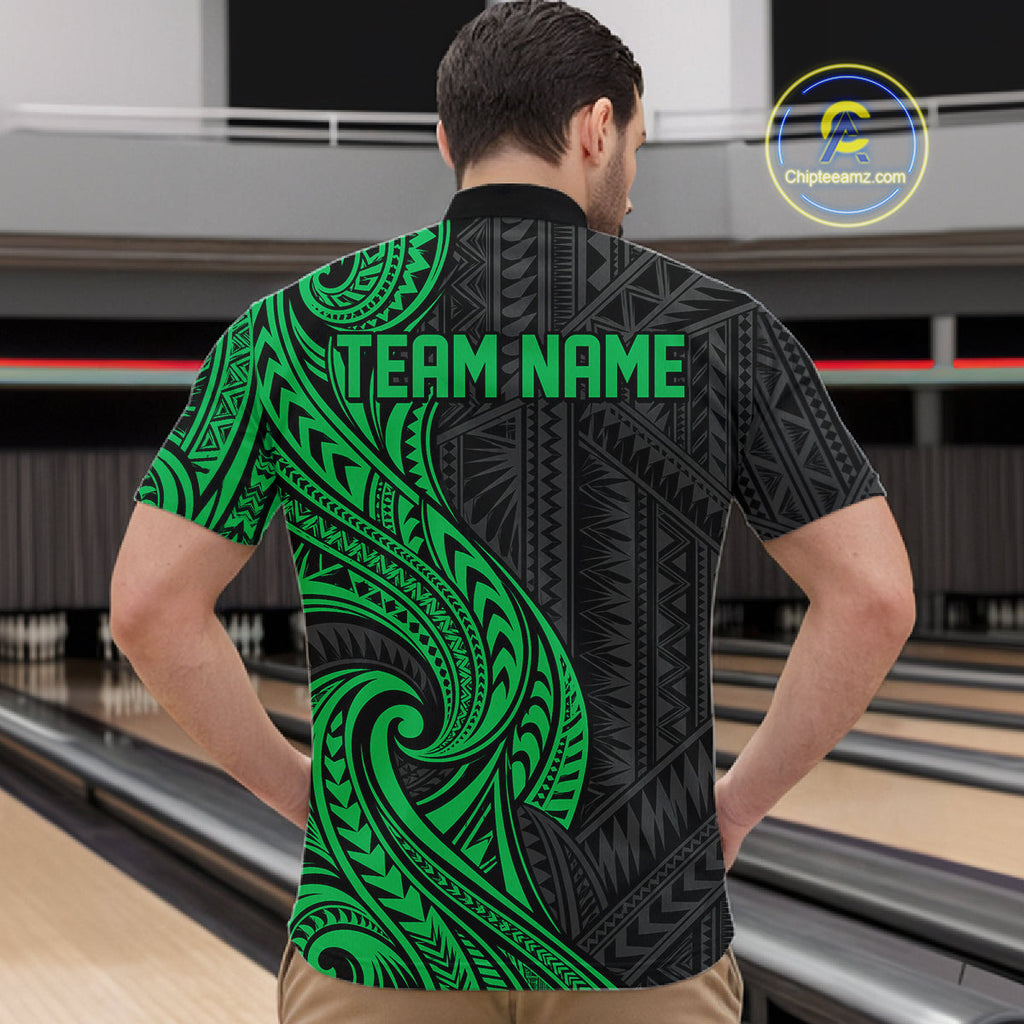 Custom Black And Green Tribal Bowling Quarter Zip Shirt, Bowling Team League Shirt