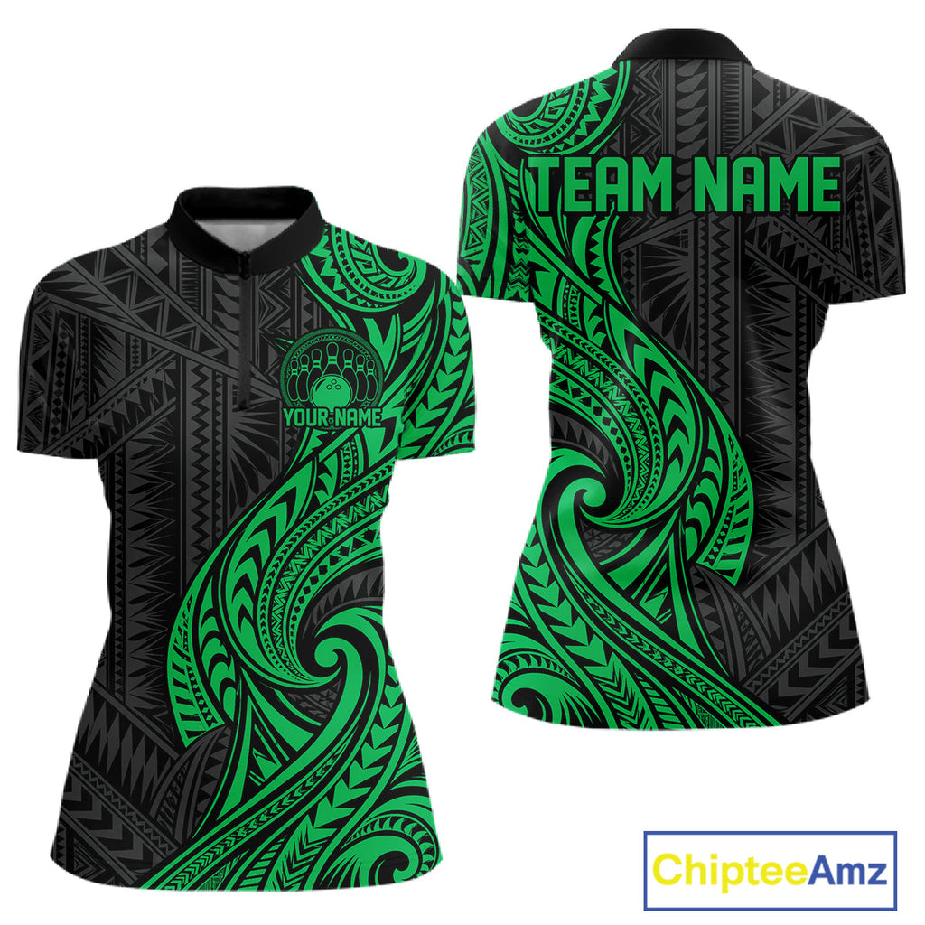 Custom Black And Green Tribal Bowling Quarter-Zip Shirt, Bowling Team League Shirt