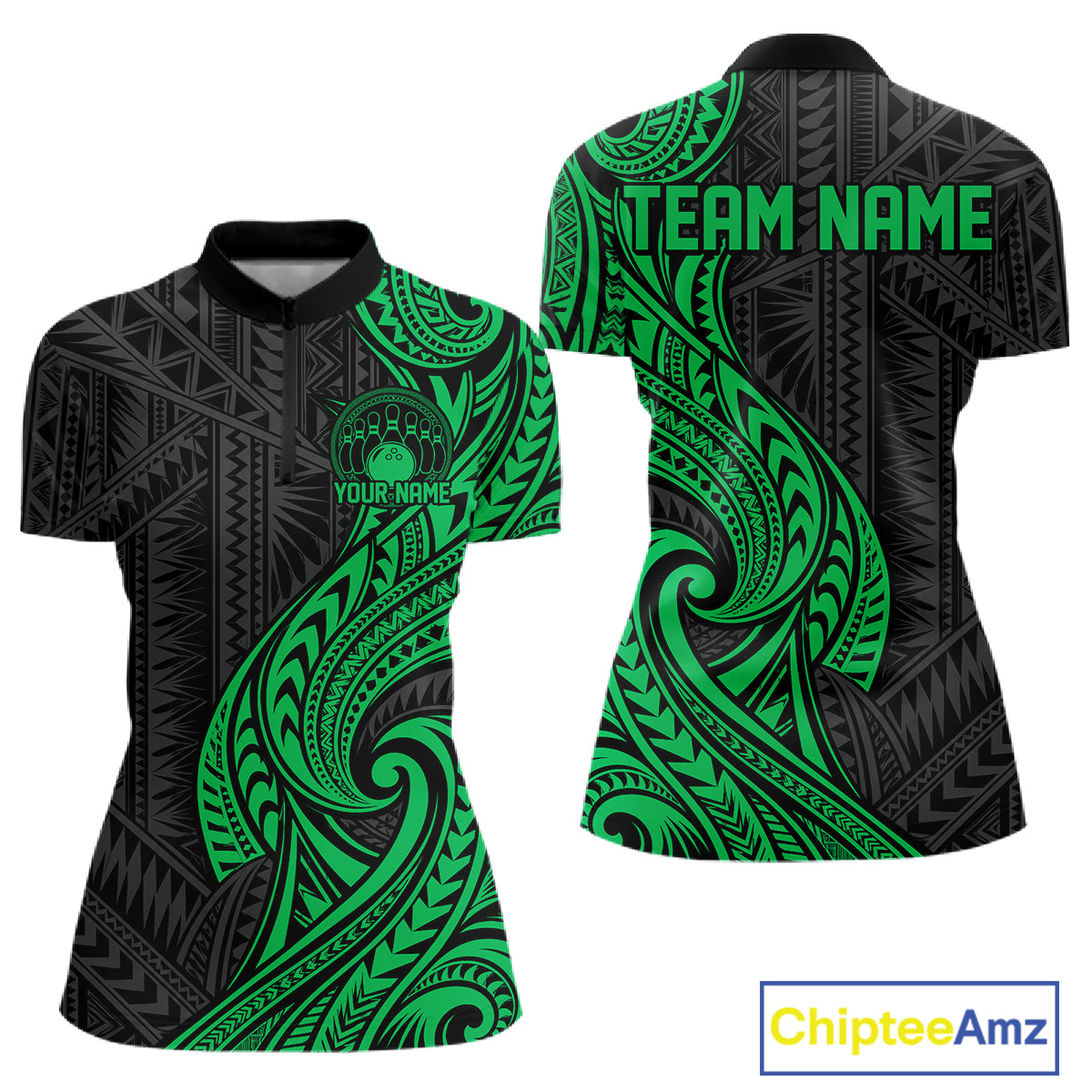 Custom Black And Green Tribal Bowling Quarter-Zip Shirt, Bowling Team League Shirt