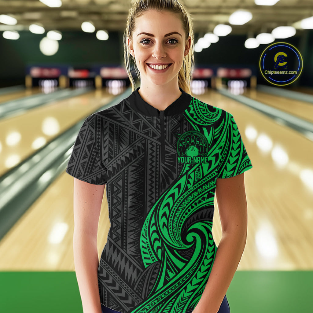 Custom Black And Green Tribal Bowling Quarter-Zip Shirt, Bowling Team League Shirt