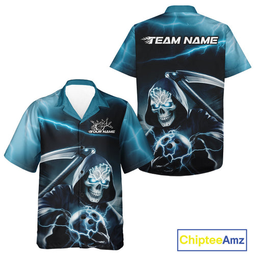 Custom Blue Lightning Grim Reaper Bowling Hawaiian Shirts And, Halloween Bowling Jerseys