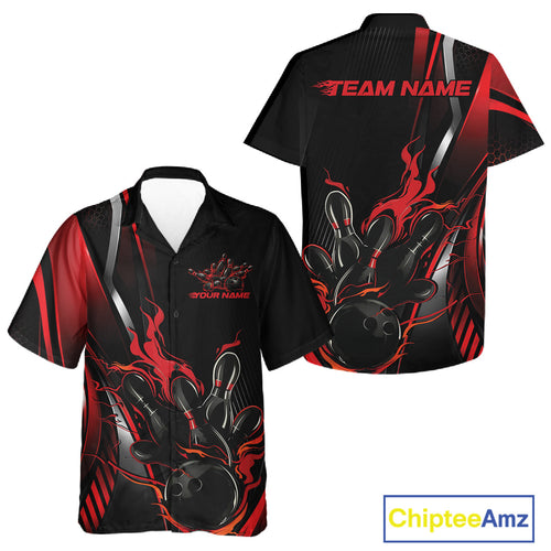 Custom Black And Red Flame Bowling Jersey, Bowling Tournament Team And Button Up Shirt