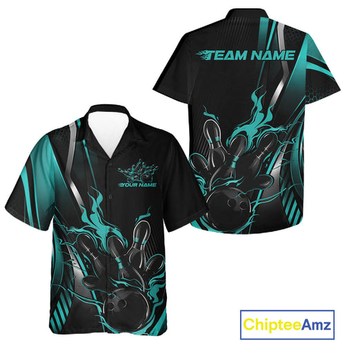 Custom Black And Turquoise Blue Flame Bowling Jersey, Bowling Tournament And Button Up Shirt