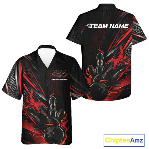 Custom Black And Red Flame Bowling Team And Button Up Shirt, Bowling League Shirt