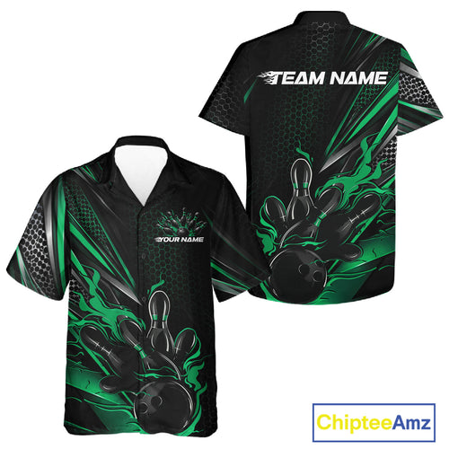 Custom Black And Green Flame Bowling Team And Button Up Shirt, Bowling League Shirt