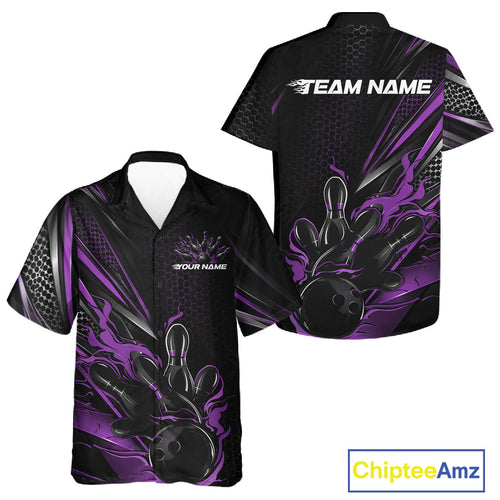 Custom Black And Purple Flame Bowling Team And Button Up Shirt, Bowling League Shirt