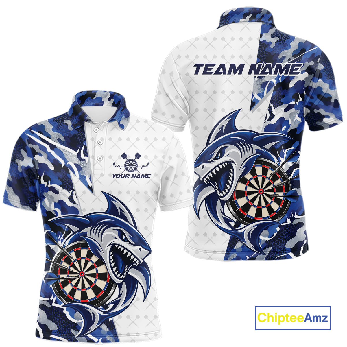 Custom Blue Camo Shark Dart Polo Shirt, Dart League Shirt Dart Team Outfit