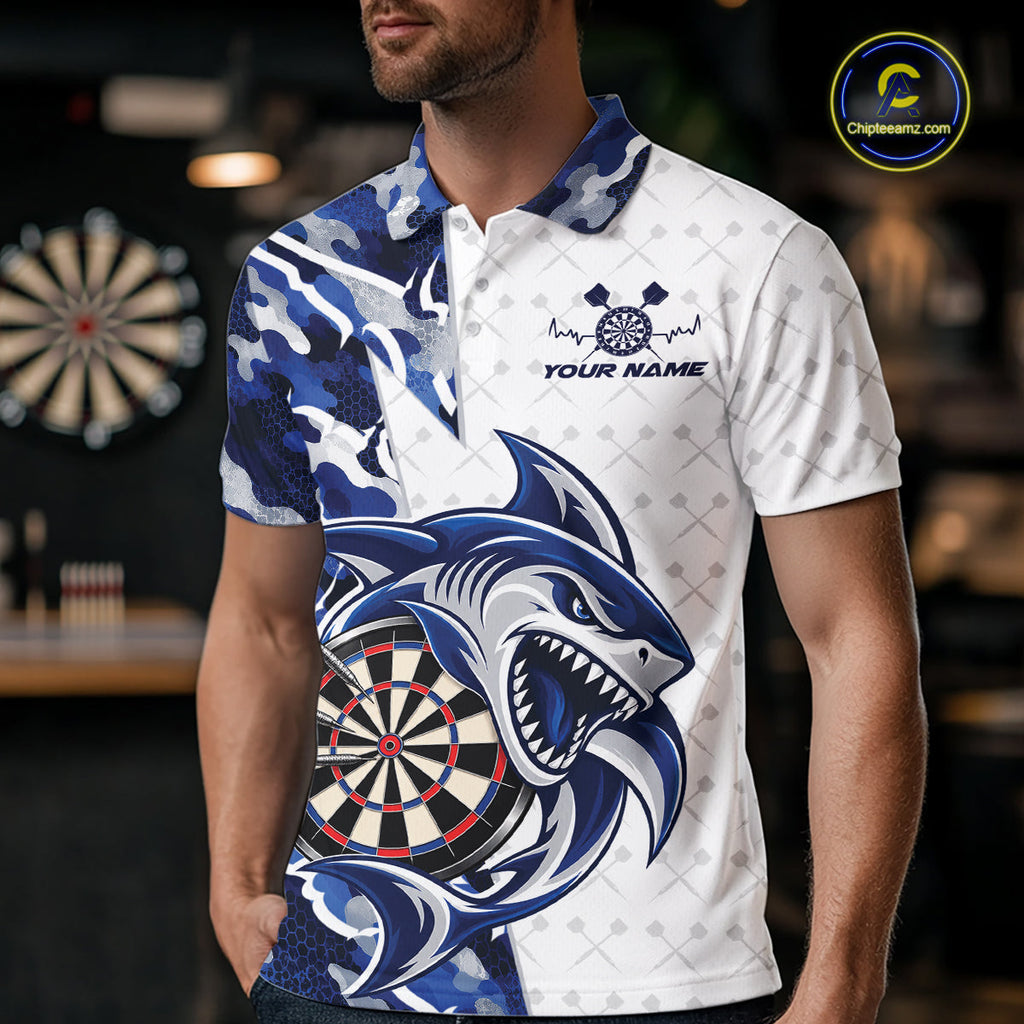 Custom Blue Camo Shark Dart Polo Shirt, Dart League Shirt Dart Team Outfit