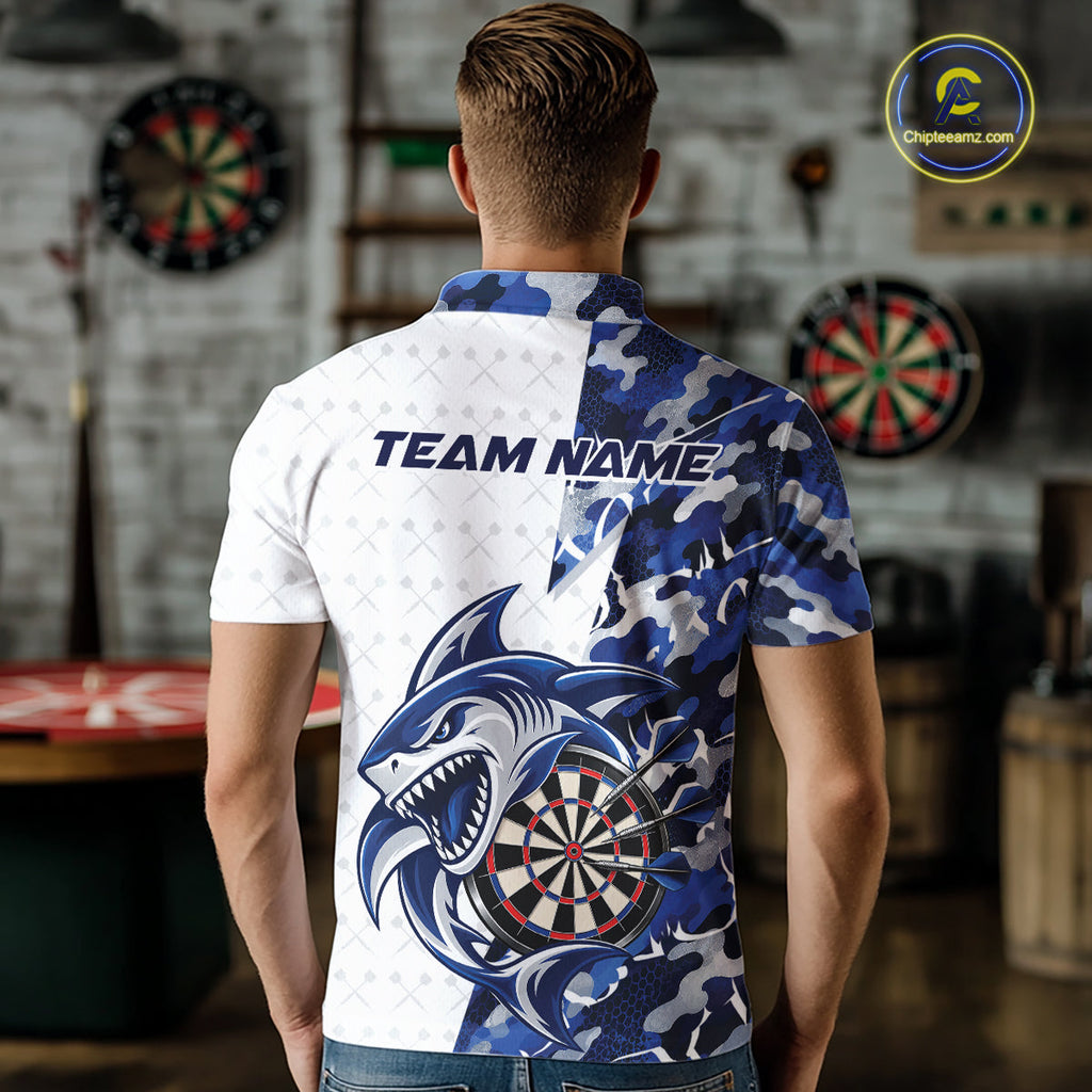 Custom Blue Camo Shark Dart Polo Shirt, Dart League Shirt Dart Team Outfit