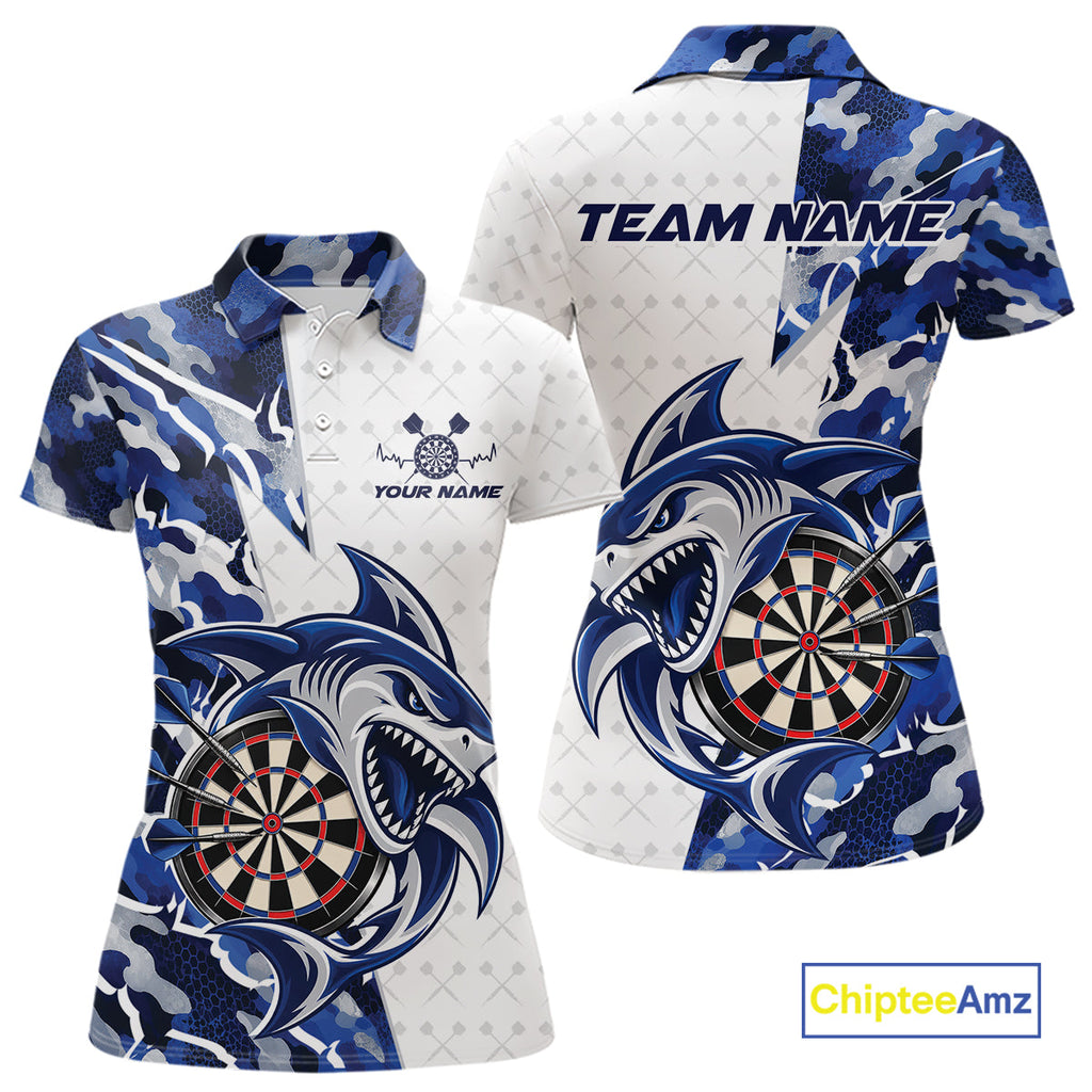 Custom Blue Camo Shark Dart Polo Shirt, Dart League Shirt Dart Team Outfit