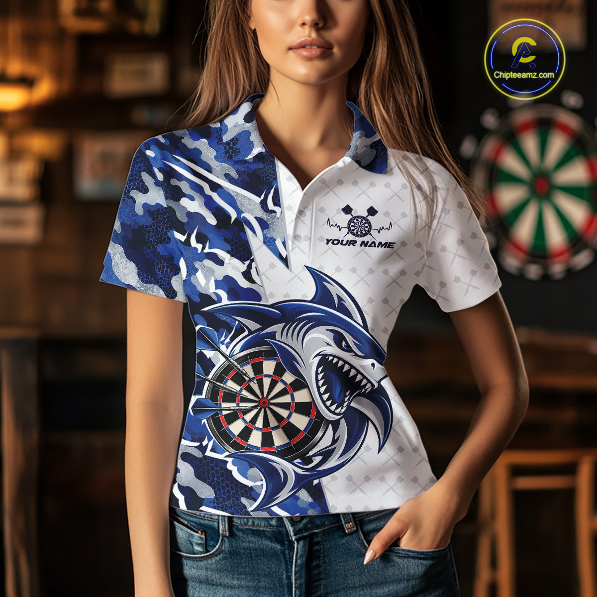 Custom Blue Camo Shark Dart Polo Shirt, Dart League Shirt Dart Team Outfit
