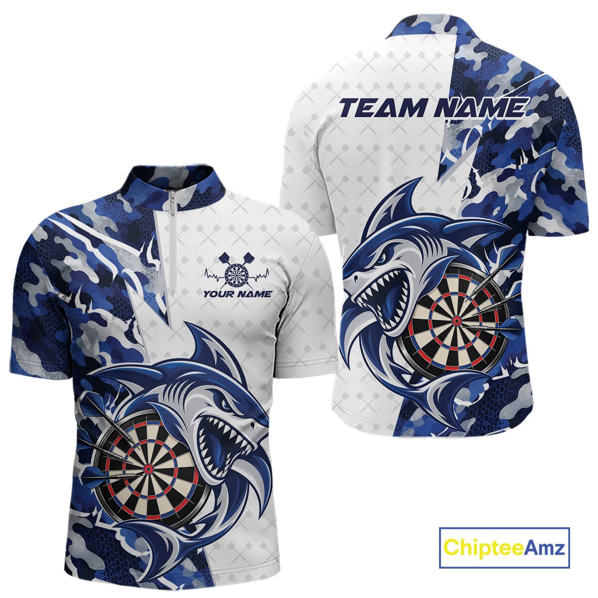 Custom Blue Camo Shark Dart Quarter Zip Shirt, Dart League Shirt Dart Team Outfit