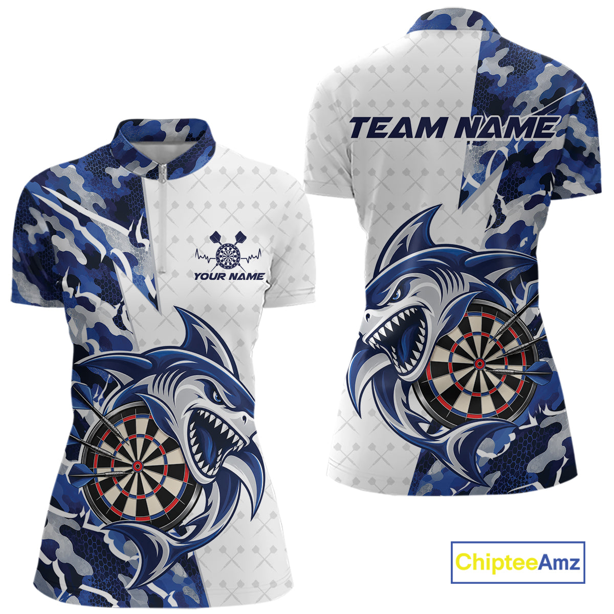 Custom Blue Camo Shark Dart Quarter-Zip Shirt, Dart League Shirt Team Outfit