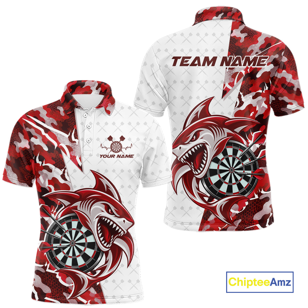 Custom Red Camo Shark Dart Polo Shirt, Dart League Shirt Dart Team Outfit
