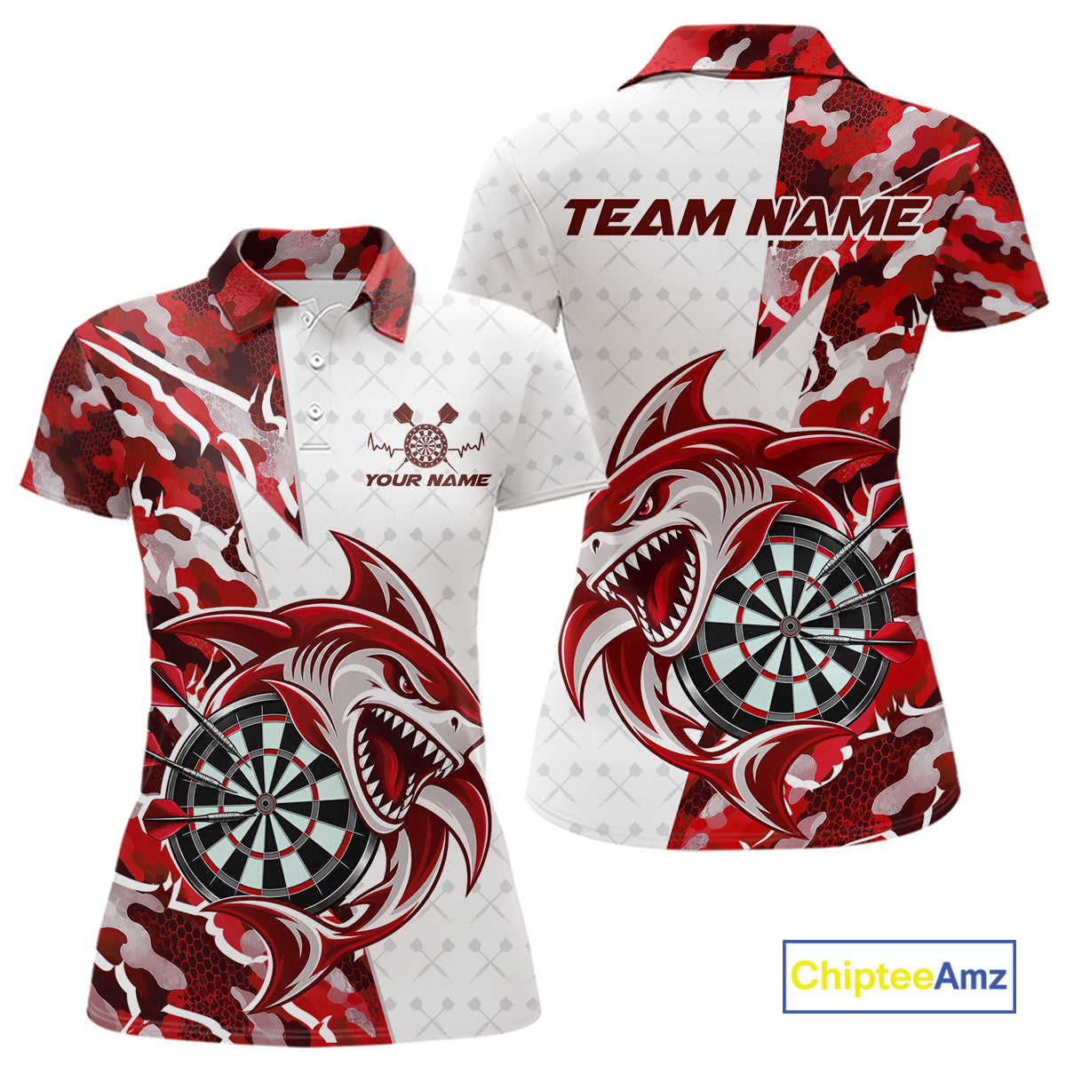 Custom Red Camo Shark Dart Polo Shirt, Dart League Shirt Dart Team Outfit