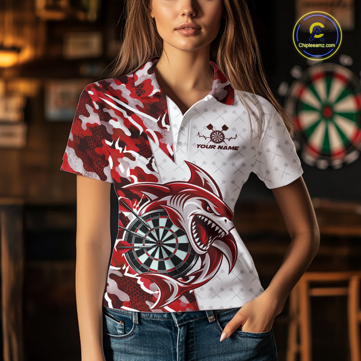 Custom Red Camo Shark Dart Polo Shirt, Dart League Shirt Dart Team Outfit