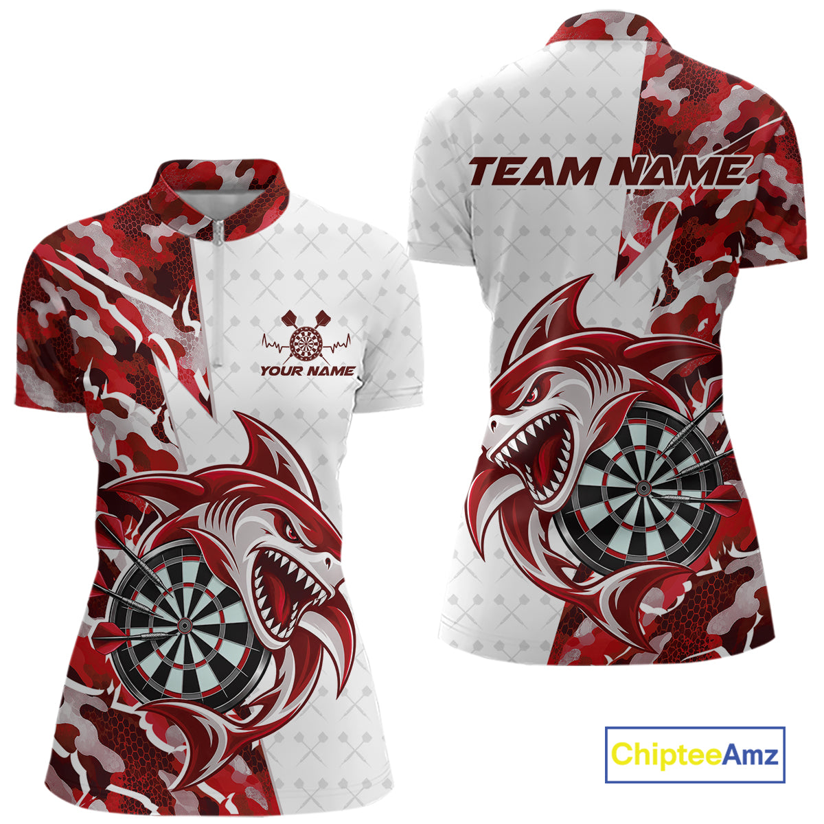 Custom Red Camo Shark Dart Quarter-Zip Shirt, Dart League Shirt Team Outfit