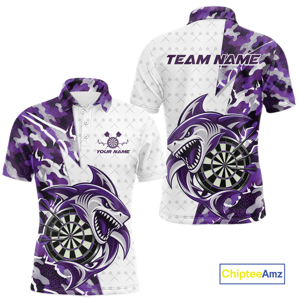 Custom Purple Camo Shark Dart Polo Shirt, Dart League Shirt Dart Team Outfit
