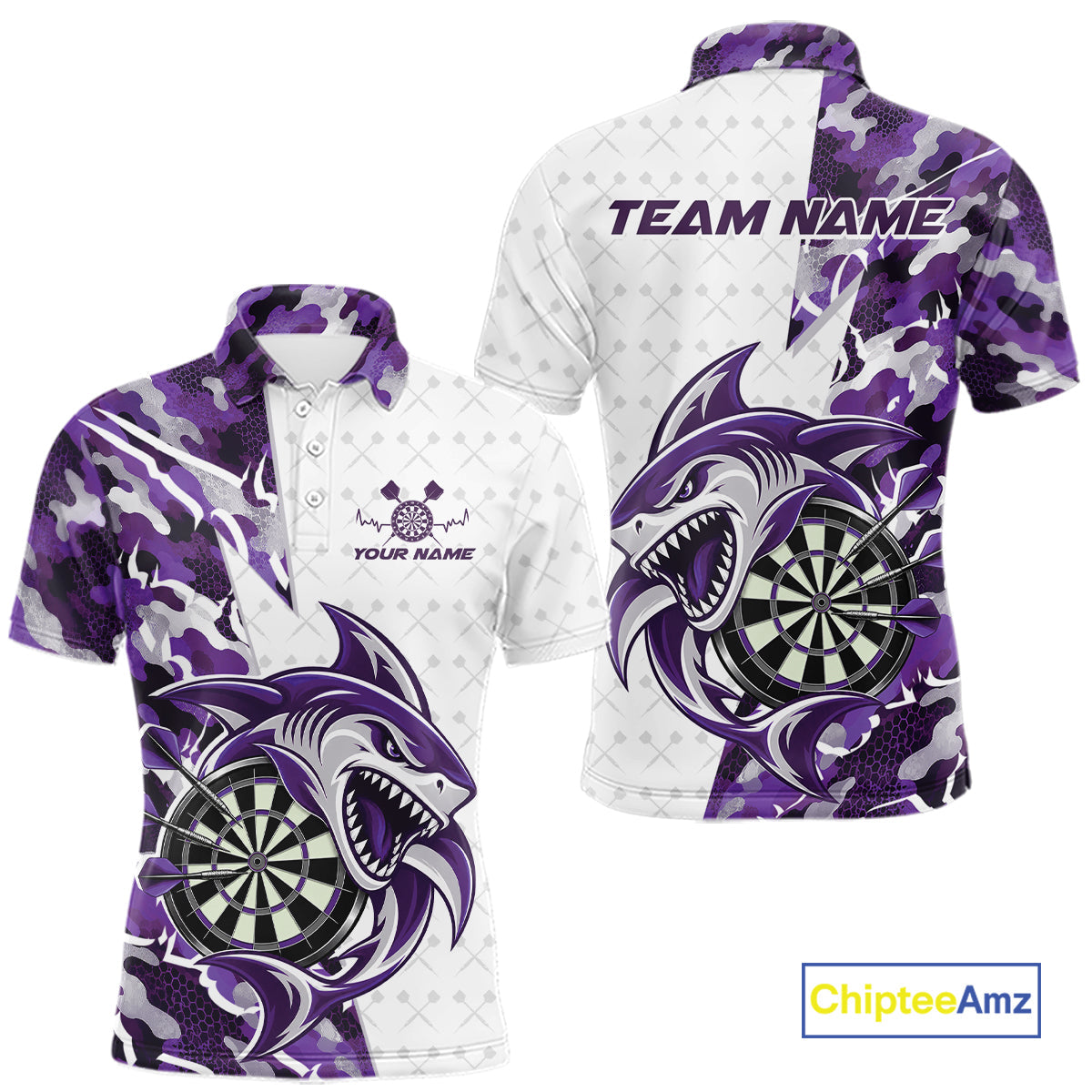 Custom Purple Camo Shark Dart Polo Shirt, Dart League Shirt Dart Team Outfit