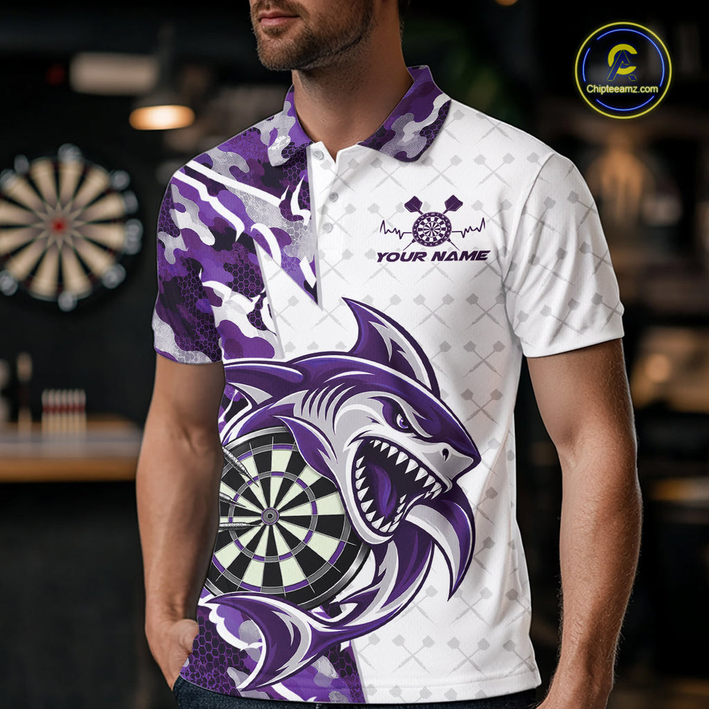 Custom Purple Camo Shark Dart Polo Shirt, Dart League Shirt Dart Team Outfit