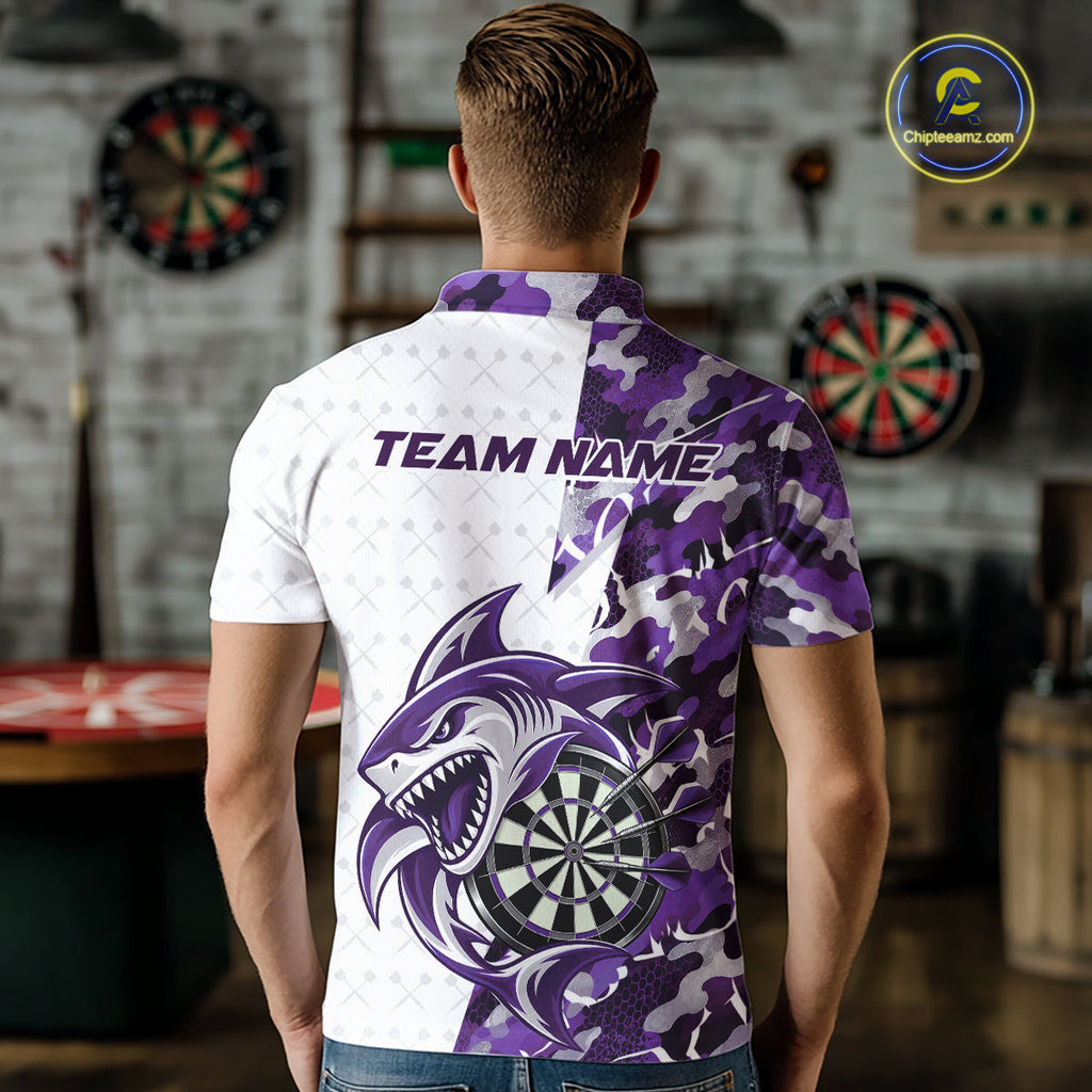 Custom Purple Camo Shark Dart Polo Shirt, Dart League Shirt Dart Team Outfit