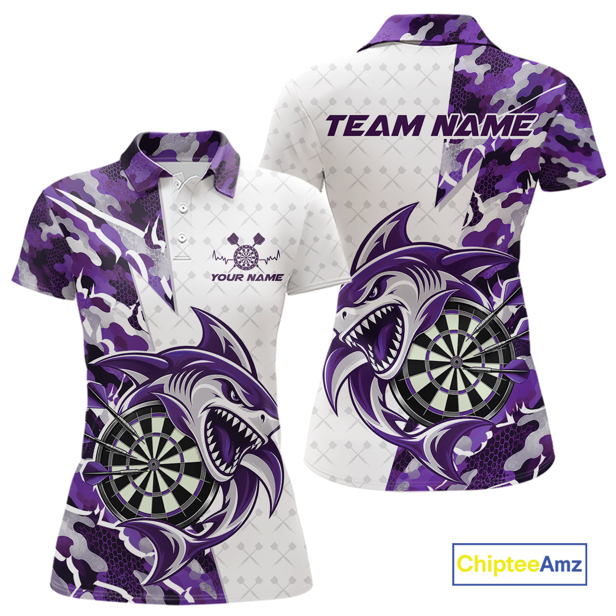 Custom Purple Camo Shark Dart Polo Shirt, Dart League Shirt Dart Team Outfit