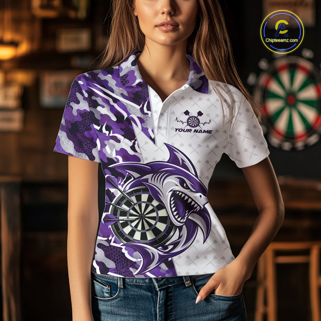 Custom Purple Camo Shark Dart Polo Shirt, Dart League Shirt Dart Team Outfit