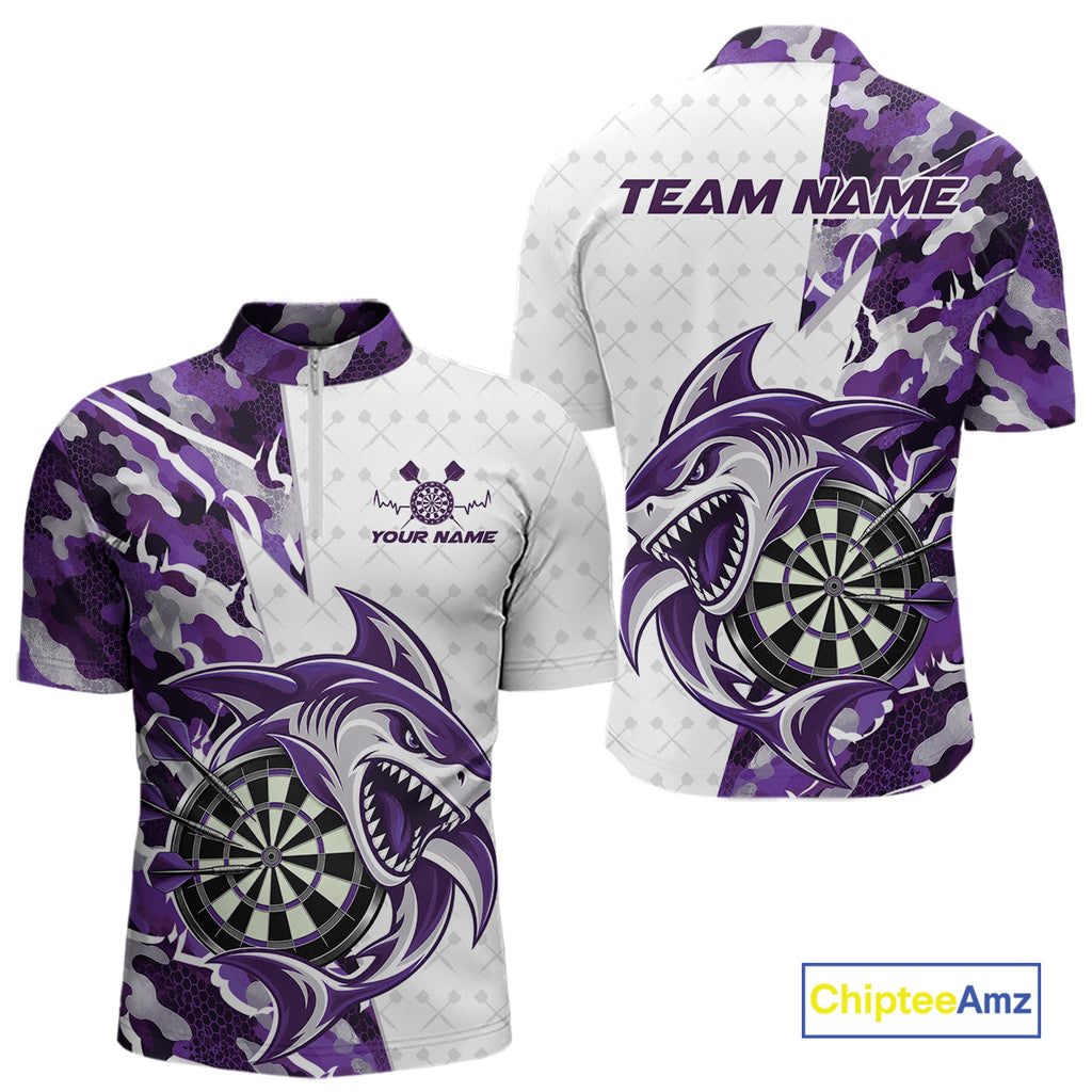 Custom Purple Camo Shark Dart Quarter Zip Shirt, Dart League Shirt Dart Team Outfit