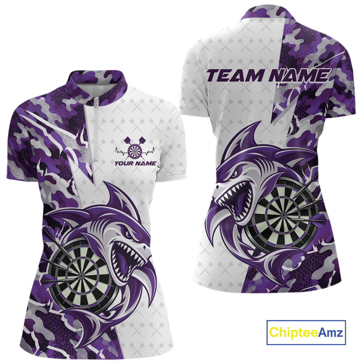 Custom Purple Camo Shark Dart Quarter-Zip Shirt, Dart League Shirt Team Outfit