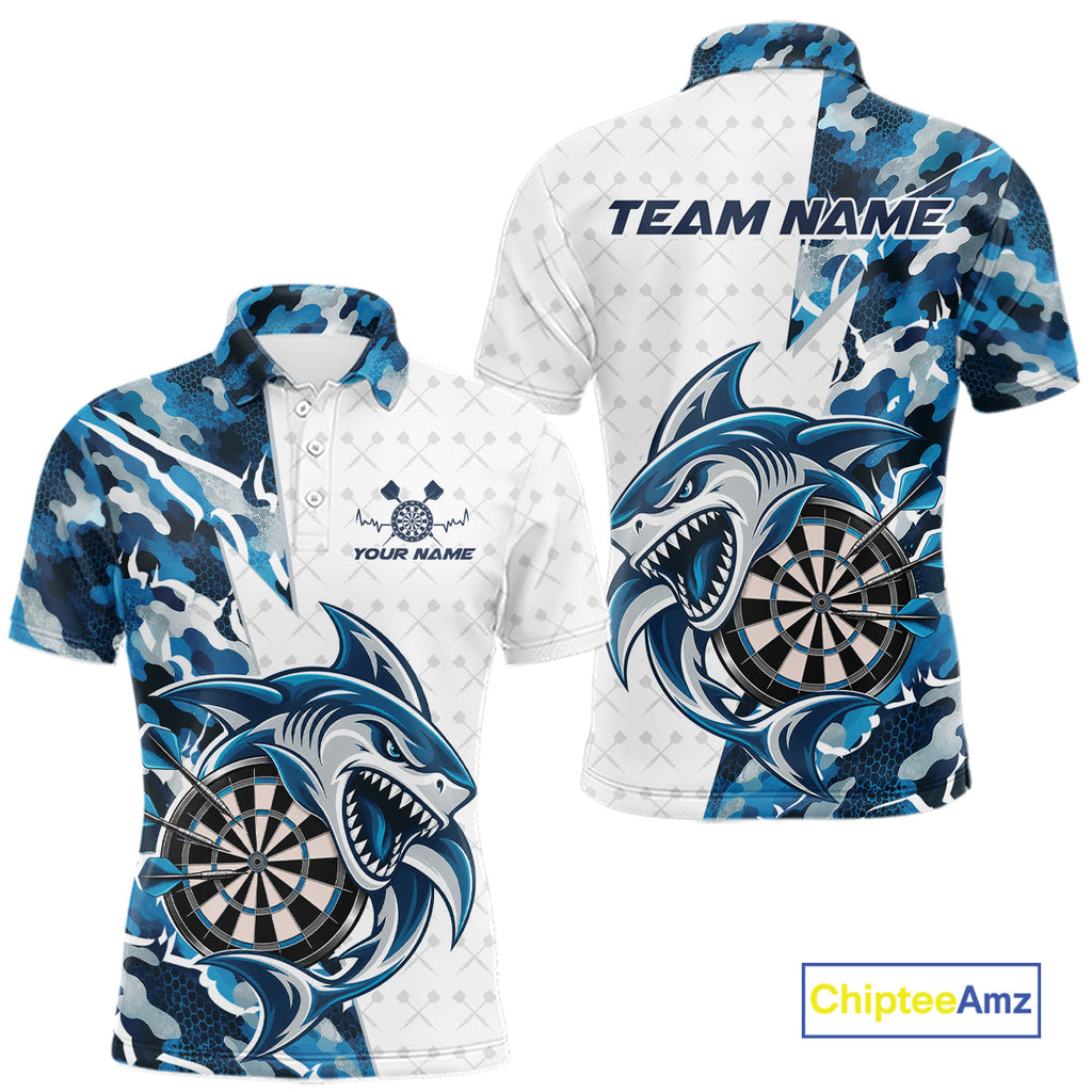 Custom Steel Blue Camo Shark Dart Polo Shirt, Dart League Shirt Dart Team Outfit
