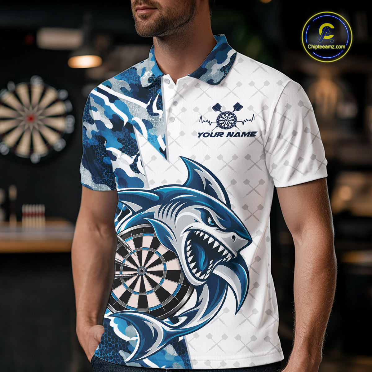Custom Steel Blue Camo Shark Dart Polo Shirt, Dart League Shirt Dart Team Outfit