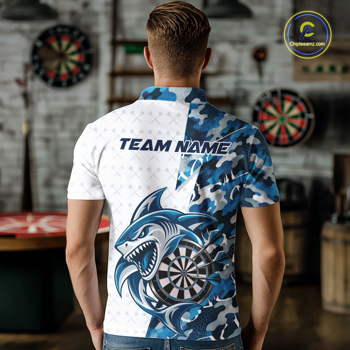 Custom Steel Blue Camo Shark Dart Polo Shirt, Dart League Shirt Dart Team Outfit