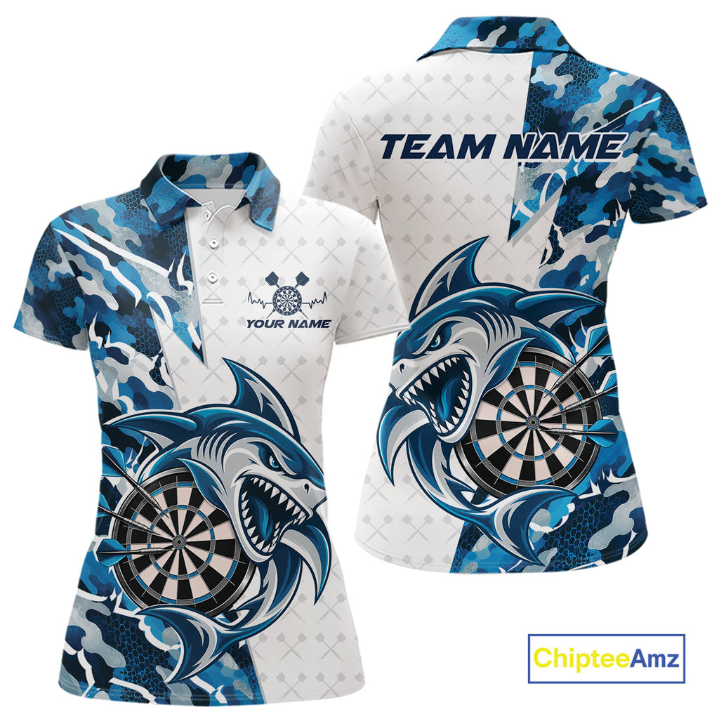 Custom Steel Blue Camo Shark Dart Polo Shirt, Dart League Shirt Dart Team Outfit