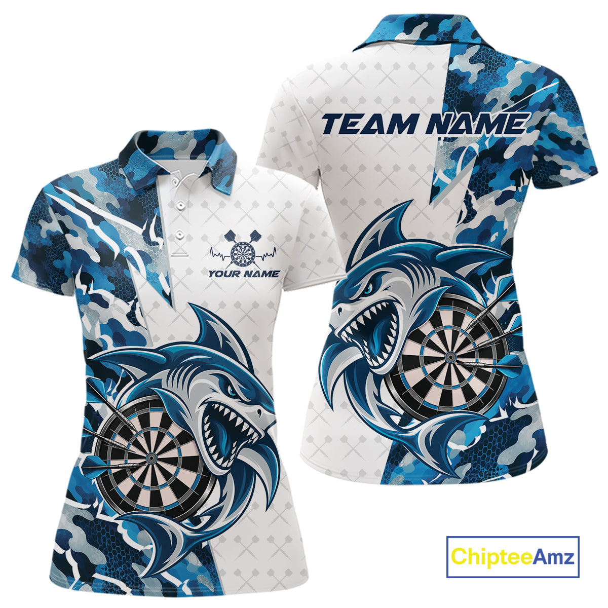 Custom Steel Blue Camo Shark Dart Polo Shirt, Dart League Shirt Dart Team Outfit