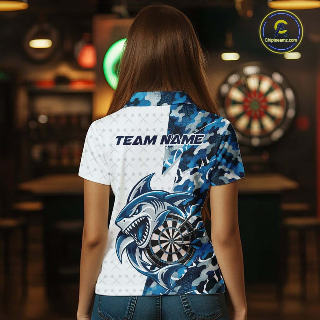 Custom Steel Blue Camo Shark Dart Polo Shirt, Dart League Shirt Dart Team Outfit