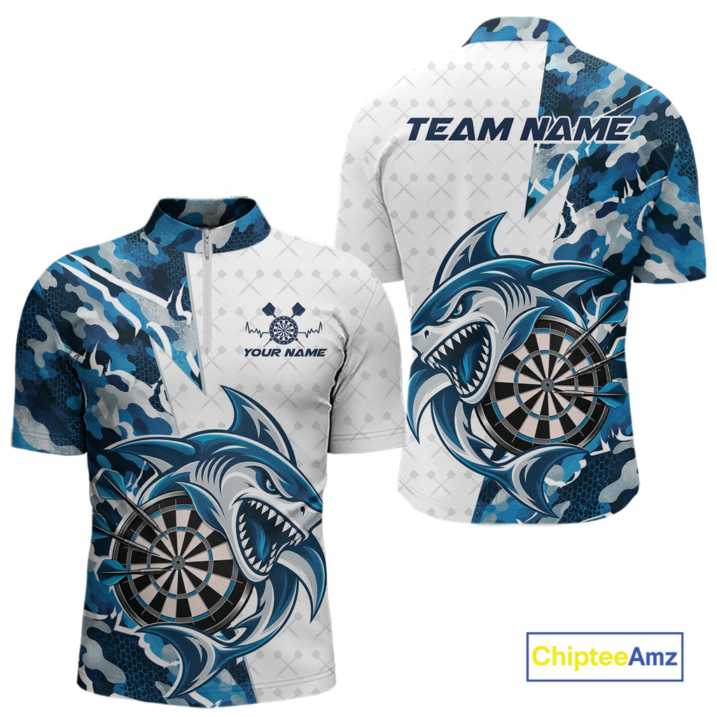Custom Steel Blue Camo Shark Dart Quarter Zip Shirt, Dart League Shirt Dart Team Outfit