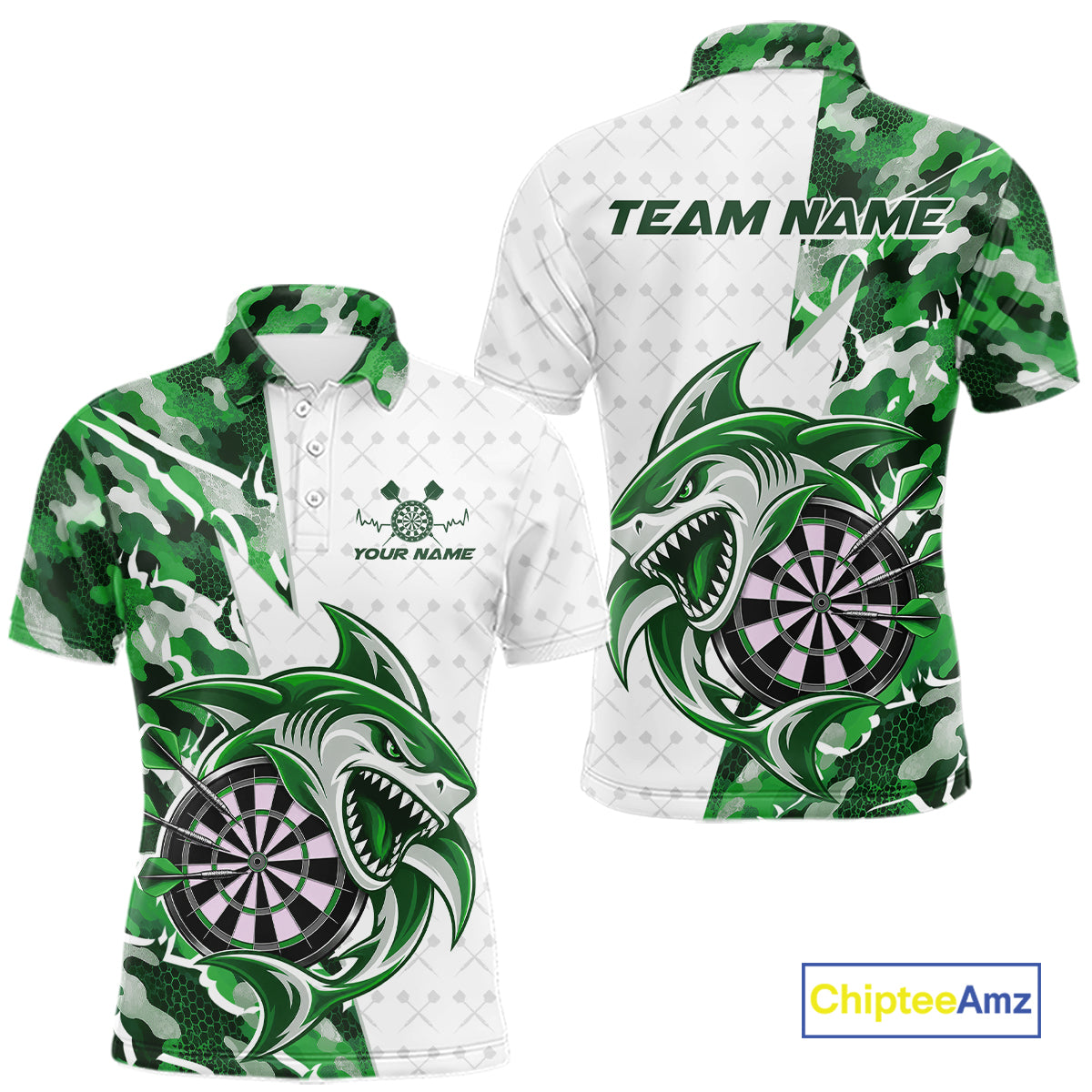 Custom Green Camo Shark Dart Polo Shirt, Dart League Shirt Dart Team Outfit