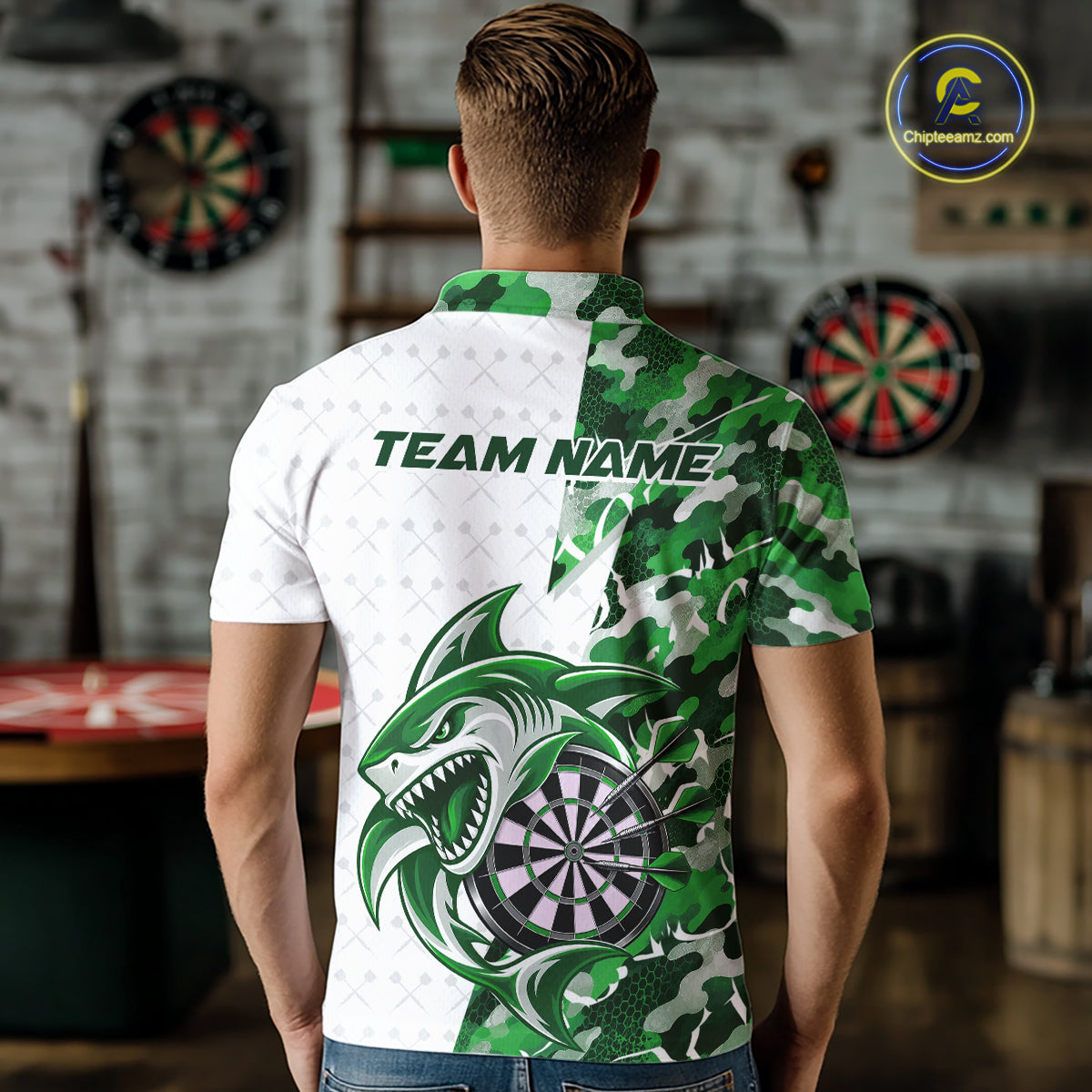 Custom Green Camo Shark Dart Polo Shirt, Dart League Shirt Dart Team Outfit