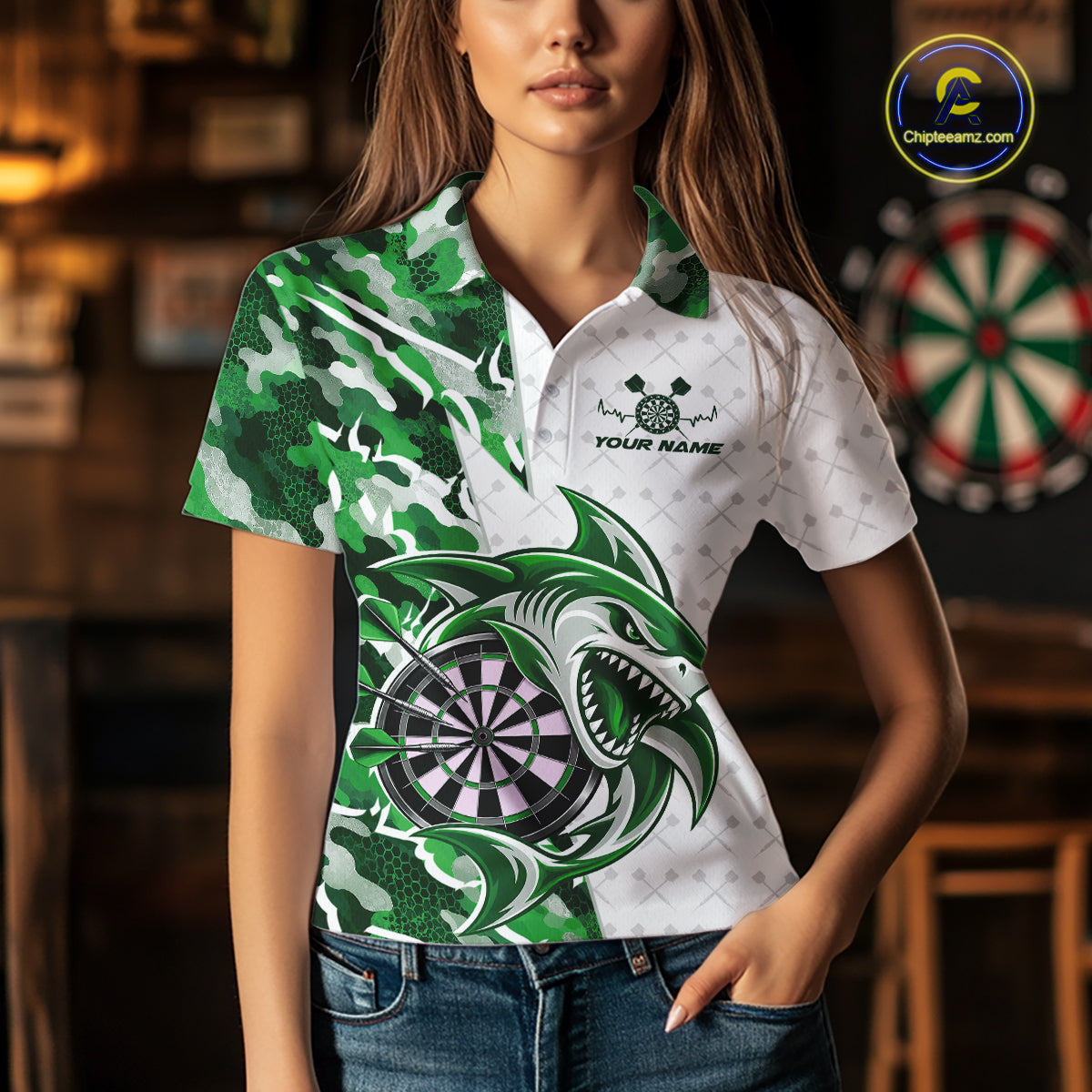 Custom Green Camo Shark Dart Polo Shirt, Dart League Shirt Dart Team Outfit