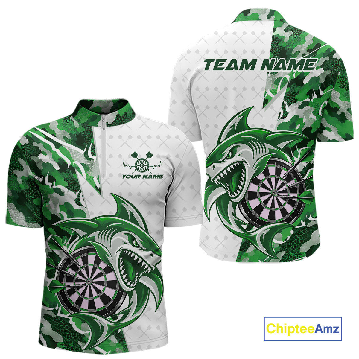 Custom Green Camo Shark Dart Quarter Zip Shirt, Dart League Shirt Dart Team Outfit