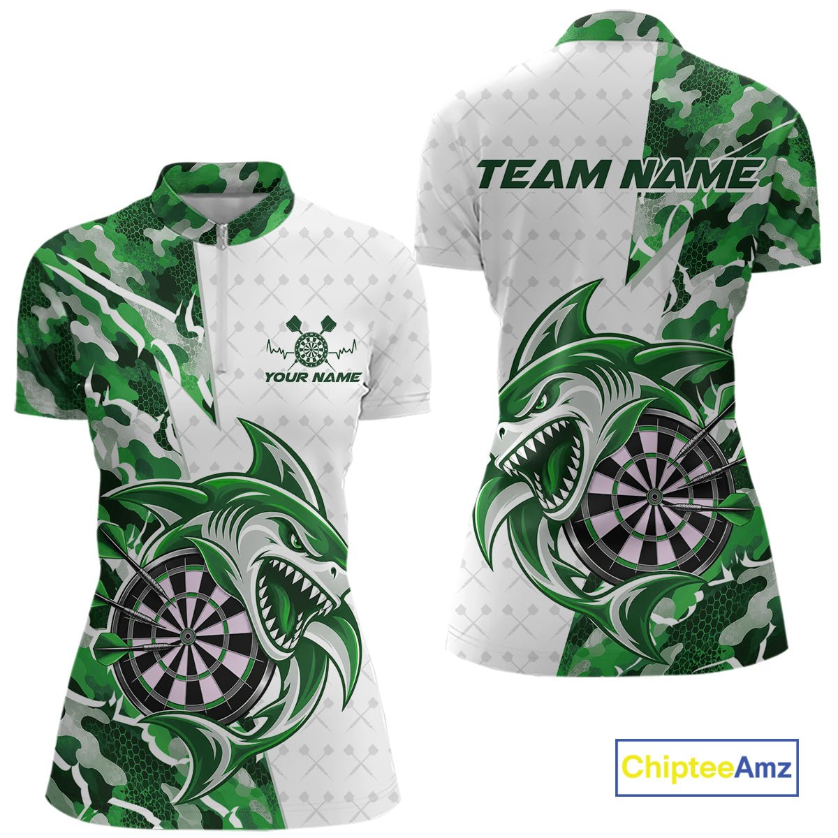Custom Green Camo Shark Dart Quarter-Zip Shirt, Dart League Shirt Team Outfit