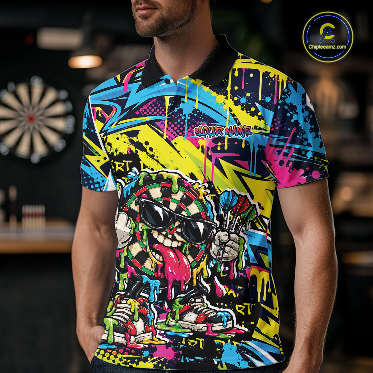 Custom Colorful Dripping Graffiti Funny Dartboard Dart Polo Shirt Team Jersey